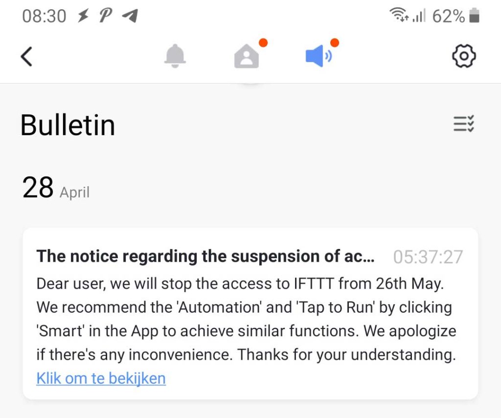 Tuya stopt met ondersteuning IFTTT