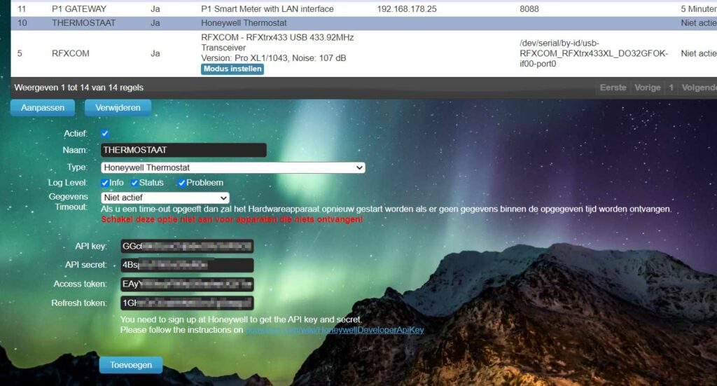 Screenshot Domoticz Hardware Thermostaat instellingen